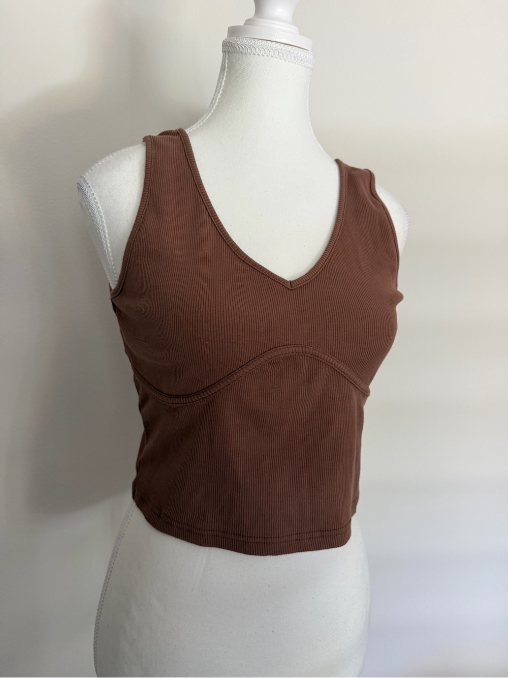 Brown Ribbed V-Neck Tank